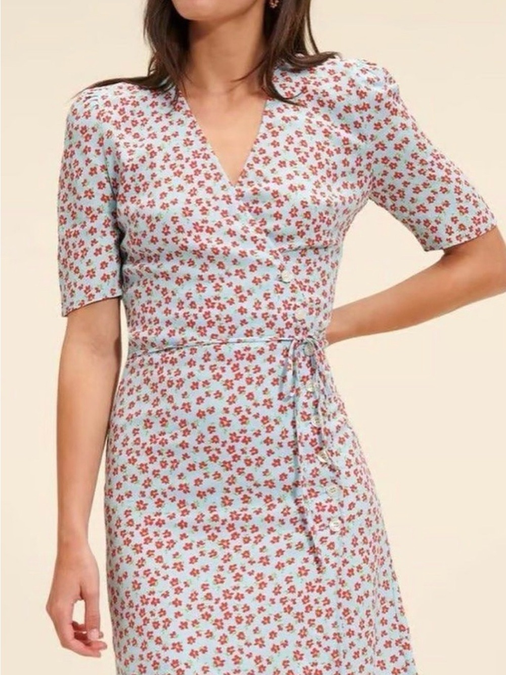 Rouje Floral Wrap Midi Dress in Light Blue with Red Flowers